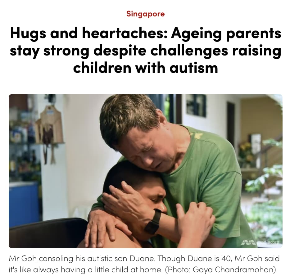 Hugs and heartaches: Ageing parents stay strong despite challenges raising children with autism. Mr Goh consoling his autistic son Duane. Though Duane is 40, Mr Goh said it's like always having a little child at home. (Photo: Gaya Chandramohan).